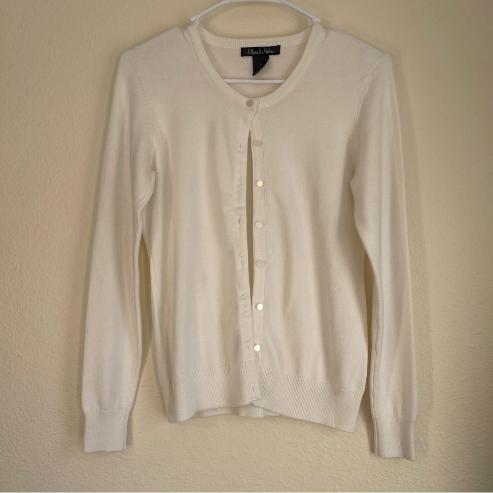 Olivia & Martin Classic Pearl Button Knit Cardigan Cream Petite S